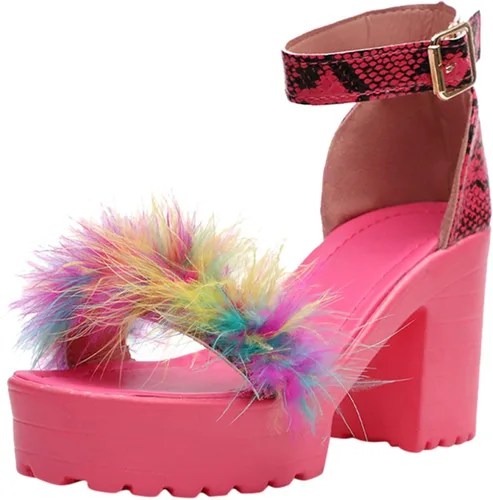 Vista 6 de Sandalias de verano casuales para mujer, sandalias de plataforma para caminar, sandalias de tacón alto grueso, sandalias con correa y plumas