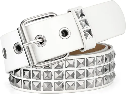 Vista 9 de WHIPPY Mujeres Hombres Remache Cinturón Pyramid Square Bead PU Cuero Punk Rock Ojal Cinturón para Jeans Negro