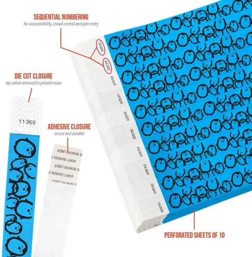 Vista 2 de 500 Wristco Blue Penguins - Pulseras Tyvek de 3/4 pulgadas - Pulseras de papel para eventos