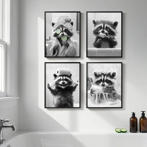 Vista 10 de Arte de pared divertido de vaca de las tierras altas enmarcado para baño, 4 piezas de divertidos animales, impresiones artísticas azul marino, linda