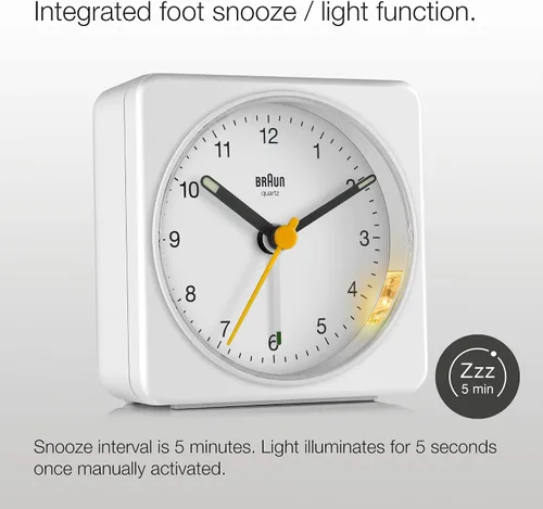 Vista 4 de Braun Reloj despertador analógico clásico con repetición y luz, movimiento de barrido de cuarzo silencioso, alarma de pitido Crescendo en blanco