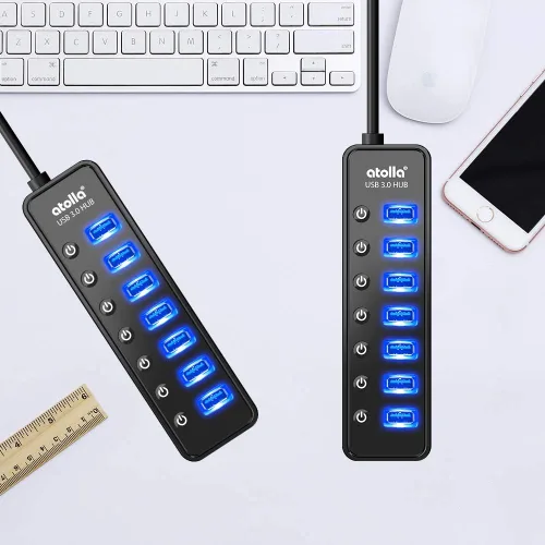 Vista 8 de Hub USB 3.0 alimentado, divisor de concentrador de datos USB de 7 puertos Atolla con un puerto de carga inteligente e interruptores individuales