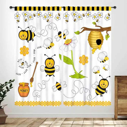 Vista 10 de Cortinas infantiles de abejas, cortinas de campo de primavera de acuarela de girasoles florales de nido de abeja, adorables abejas, cortinas