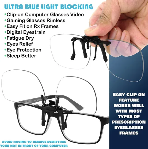 Vista 5 de Yogo Vision Blue Light Clip on Computer Glasses Video Gaming Glasses Easy Fit Digital Eyestrain Eye Protection (2 Pack)