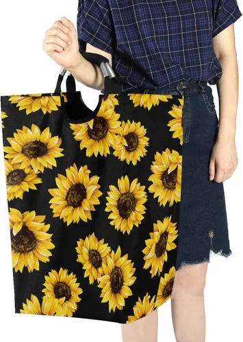 Vista 7 de senya Cesta de lavandería grande para compras, plegable, de tela, plegable, para ropa sucia, contenedor plegable para lavado (girasol negro)