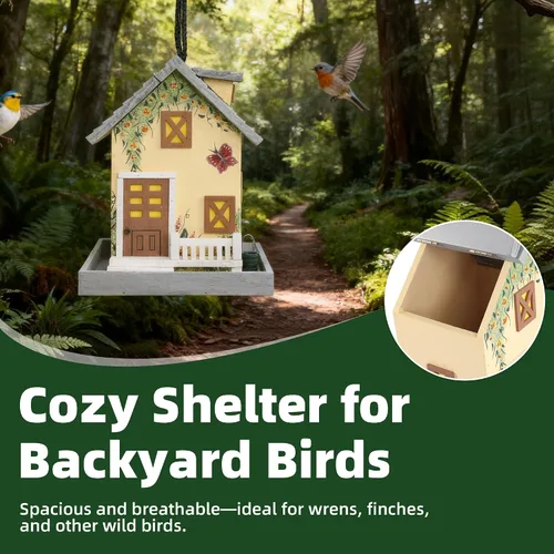 Vista 5 de MEWANG Comedero colgante para pájaros al aire libre, casa decorativa de madera para pájaros sin cámara para colibríes, cardenales y pájaros azules