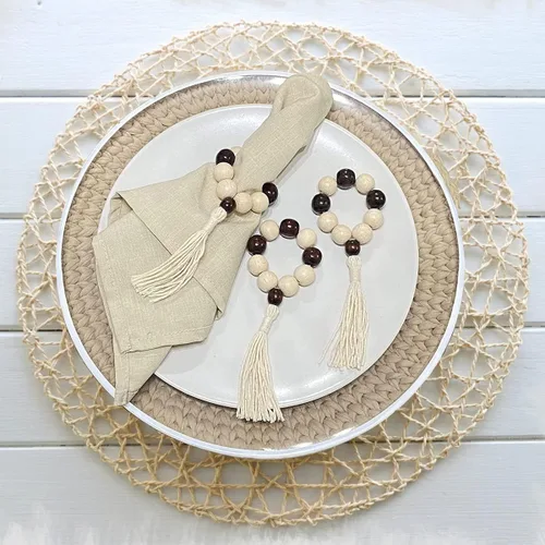 Vista 8 de Juego de 6 servilleteros con cuentas de madera Servilleteros de madera rústica para decoración de mesa Servilletero de LEBEJUA hecho a mano