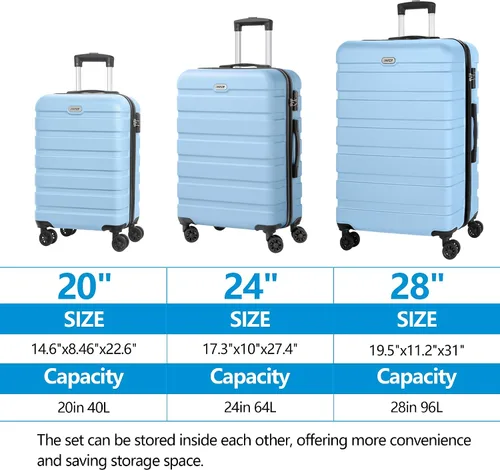 Vista 3 de AnyZip Equipaje PC ABS Hardside maleta ligera con 4 ruedas universales TSA Lock, azul claro