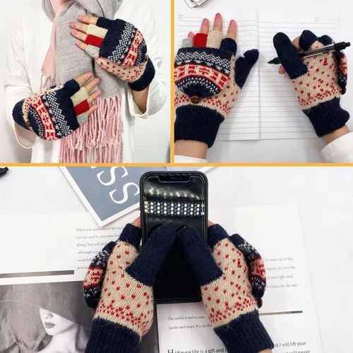 Vista 39 de Beurlike Guantes de invierno para mujer, de lana cálida, a prueba de viento, convertibles, sin dedos
