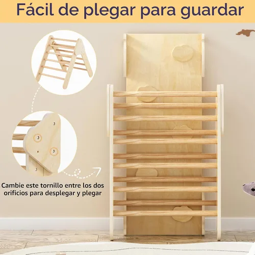 Vista 9 de Olakids Conjunto Triangular Pikler 7 en 1 Juguetes de Escalada para Niños Pequeños de 1 a 3 Años Interior Plegable de Madera Montessori Gimnasio