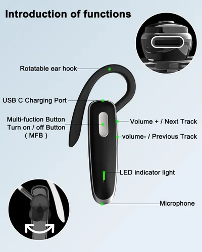 Vista 7 de Auriculares Bluetooth, V5.1 Auriculares inalámbricos ultraligeros manos libres con cancelación de ruido y micrófono para teléfono celular, PC