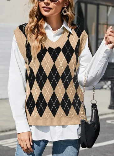 Vista 3 de HOCOSIT Chaleco de punto con cuello en V para mujer, estilo preppy a cuadros, sin mangas, suéter corto
