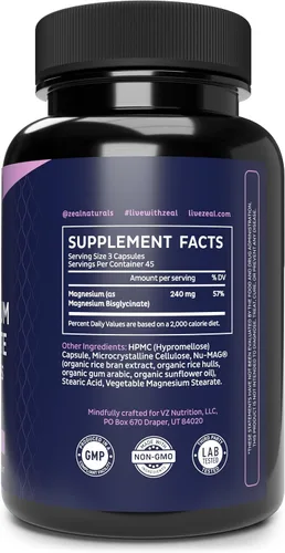 Vista 8 de Zeal Naturals Suplemento de glicinato de magnesio quelado, 240 mg, 135 cápsulas Magnesio para dormir, recuperación muscular y relajación Sin OMG