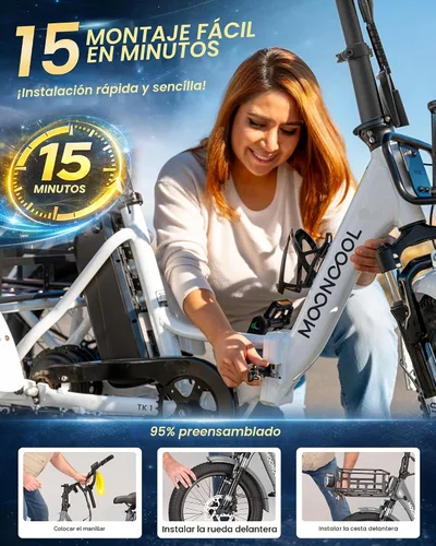 Vista 2 de MOONCOOL Triciclo eléctrico para adultos, 500 W/750 W 48 V, triciclo eléctrico plegable de potencia máxima 1100 W, neumático grueso de 20 x 3.0