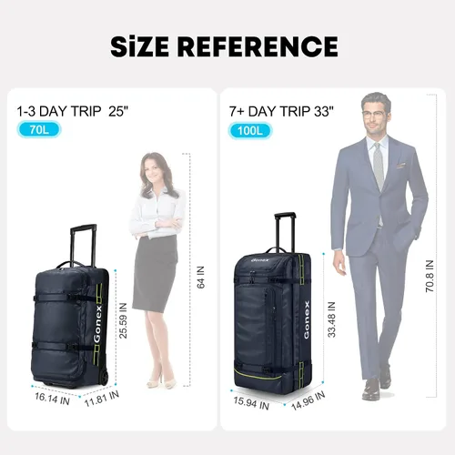 Vista 2 de Gonex Bolsa de lona rodante con ruedas equipaje de viaje con ruedas repelente al agua de 70 L con rodillos 22 pulgadas 25 pulgadas 33 pulgadas Azul