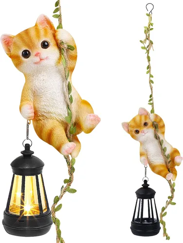 Vista 13 de Estatua de gato colgante solar, figura de gato negro de resina para exteriores con luces LED, adorno de gatito para jardín, valla, porche, patio