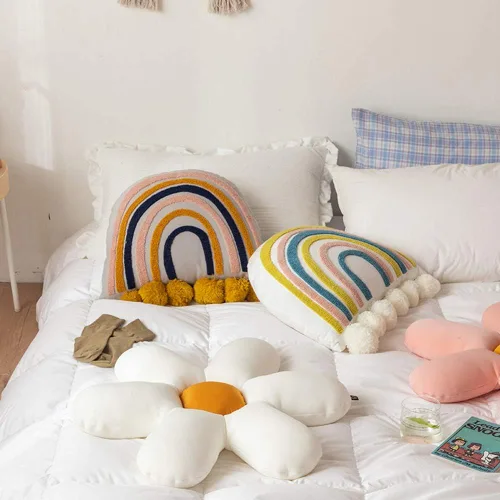 Vista 3 de vctops Cojín decorativo de algodón con borlas y estilo bohemio arco iris con relleno de almohada para sofá, cama, sala de estar