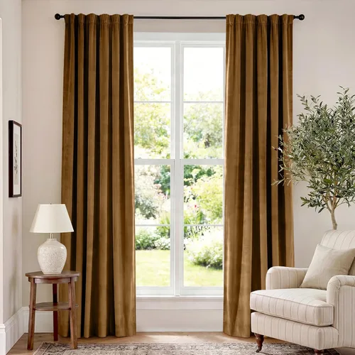 Vista 147 de Lazzzy Cortinas opacas de terciopelo beige de 84 pulgadas de largo con aislamiento térmico para oscurecer la habitación, cortinas forradas de lujo