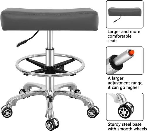 Vista 3 de Taburete giratorio ajustable para masaje, oficina, tatuaje, cocina, taburete de trabajo con ruedas (gris, con anillo de pie)