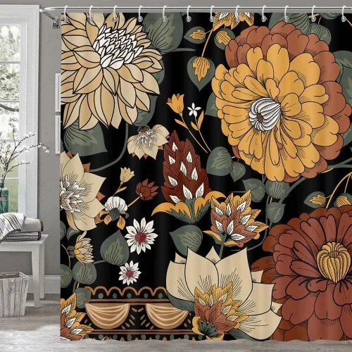 Vista 24 de Torich Cortina de ducha bohemia floral para baño, abstracta de mediados de siglo, decoración bohemia, cortinas de baño, flores botánicas, hojas
