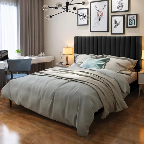 Vista 3 de Base de cama de plataforma de terciopelo de tamaño matrimonial con cabecera tapizada, listones de madera resistentes, no requiere resortes, fácil