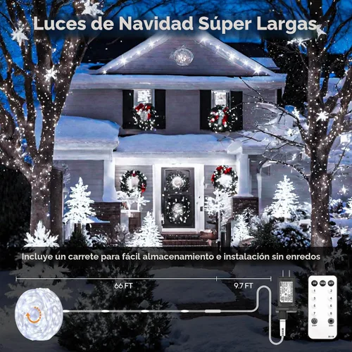 Vista 2 de Luces de Navidad parpadeantes, 600 luces LED de 206 pies para exteriores, impermeables IP65, 8 modos, funciones de temporización y memoria