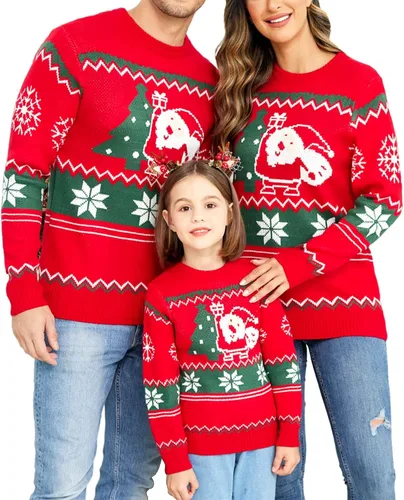 Vista 17 de Suéter navideño a juego para la familia, con estampado de copos de nieve de reno, suéter feo de manga larga 1 estilo.