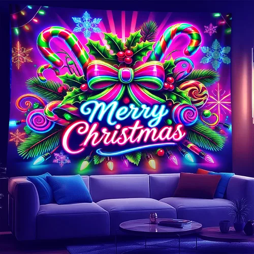 Vista 16 de NYZE - Tapiz de Navidad con Papá Noel, tapiz de luz negra que brilla en la oscuridad, colgante de pared, banner festivo, decoración para fiesta