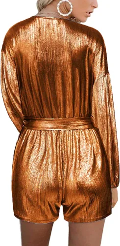 Vista 4 de YOINS - Overol de lentejuelas para mujer de manga larga casual cuello en V con cinturón brillos metalizados para fiesta
