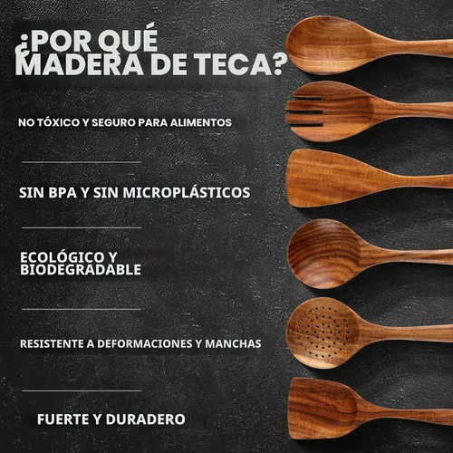 Vista 4 de Zulay Kitchen Juego de 6 cucharas de madera para cocinar, juego de utensilios de madera de teca natural, fácil de limpiar, duradero, suave