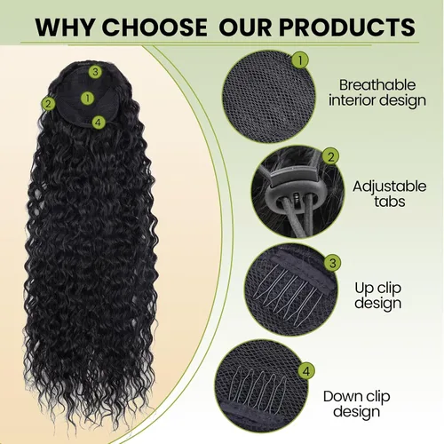 Vista 3 de Extensión de cabello rizado de 24 pulgadas, color negro, sintético, con clip instantáneo, con cordón, extensiones de cabello largo para cola de #1B