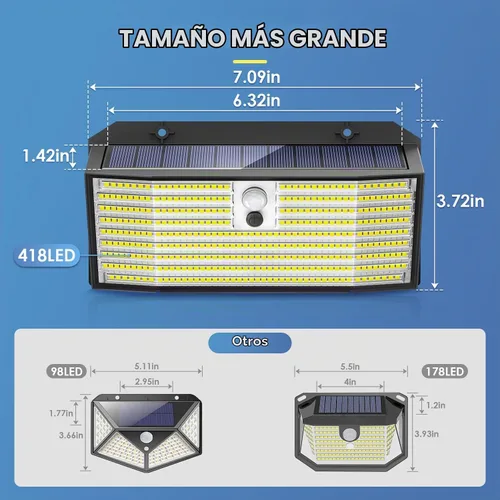 Vista 2 de Luces solares al aire libre mejoradas, 2 paquetes de 418 luces LED con sensor de movimiento, 3 modos de luz de seguridad, luz de pared solar