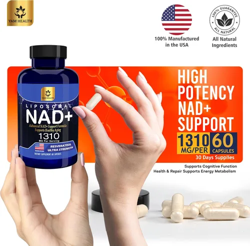 Vista 3 de NAD+ liposomal 1310mg con resveratrol y niacina (vitamina B3) para apoyo energético y celular, suplemento antioxidante, vegano, sin OMG, 60 cápsulas