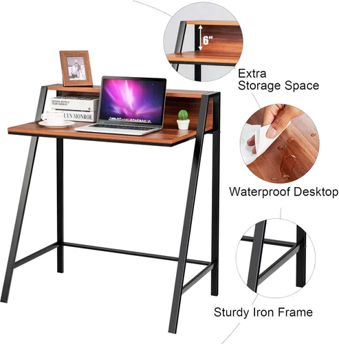 Vista 5 de Tangkula Escritorio pequeño para computadora, escritorio compacto para oficina en casa con marco resistente, mesa de estudio de 2 niveles