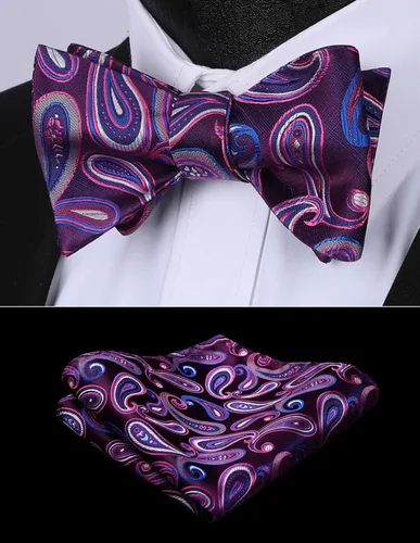 Vista 188 de HISDERN Pajaritas para hombre, corbatín de cachemira para hombre, corbata de lazo y bolsillo cuadrado, juego formal de esmoquin para boda