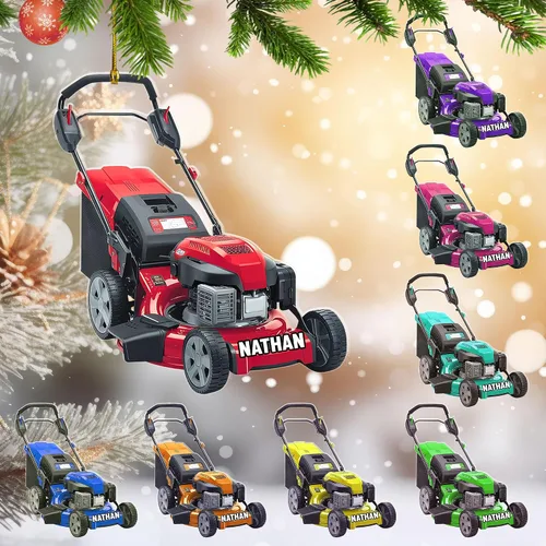 Vista 4 de Adornos de Navidad personalizados para cortacésped 2024, adorno de cortacésped con nombre personalizado con luces de Navidad, adornos de cortacésped