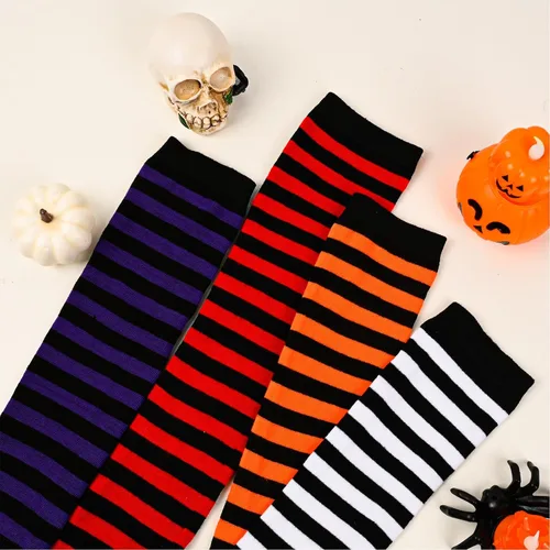 Vista 3 de GODORIO Calcetines a rayas de Halloween, medias altas hasta el muslo por encima de la rodilla, medias para mujeres y hombres para fiesta de cosplay