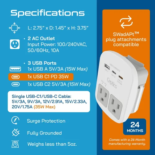Vista 5 de Adaptador de viaje Ceptics, de EE. UU. a Japón, Filipinas, con doble USB, tipo A, ultra compacto All in One - 2 USB + 2 US Sockets Blanco