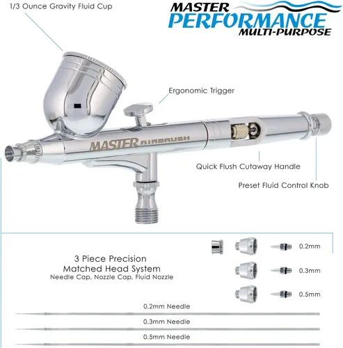 Vista 2 de Master Airbrush G233-SET Multi-Master Performance G233 Pro Set de aerógrafo de doble acción con alimentación por gravedad con 3 boquillas
