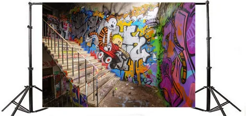 Vista 3 de Yeele Telón de fondo de pared de graffiti urbano urbano de 8 x 6 pies para fotos, dibujos animados retro de los años 80 y 90, estilo hiphop, fondo