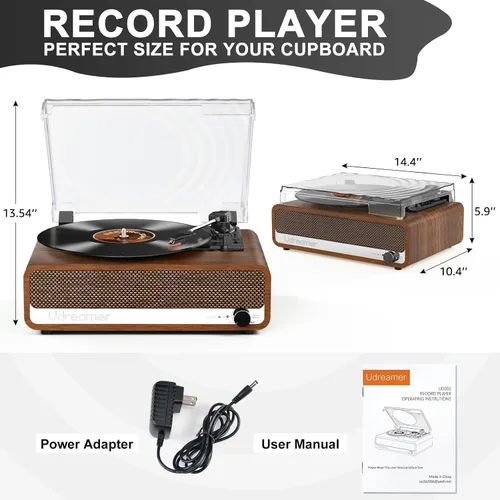 Vista 6 de Reproductor de discos de vinilo con altavoces, tocadiscos de 3 velocidades con Bluetooth, Aux, conector para auriculares, salida RCA y parada