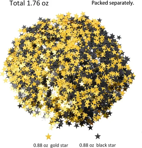 Vista 2 de Confeti de estrella brillante negro y dorado para mesa de jubilación, decoraciones de graduación, aniversario, manualidades, 1.76 oz