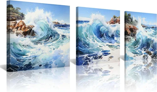 Vista 14 de Arte de pared costero de playa, arte en lienzo de barco azul, imágenes de gaviota, paisaje marino, impresiones de pintura de paisajes marinos, obras
