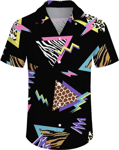 Vista 3 de Camisas geométricas vintage de los años 80 y 90 para hombre, estilo retro, casual, con botones, divertidas camisas de playa de verano