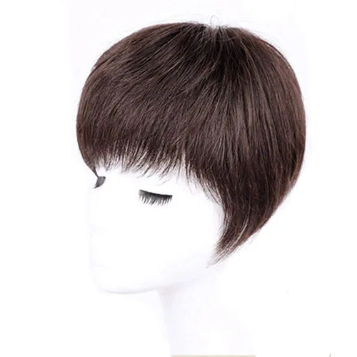 Vista 2 de Toppers de cabello humano con clip y flequillo, extensiones de cabello para mujeres con cabello delgado, 5.9 x 6.3 pulgadas, lacio, color marrón