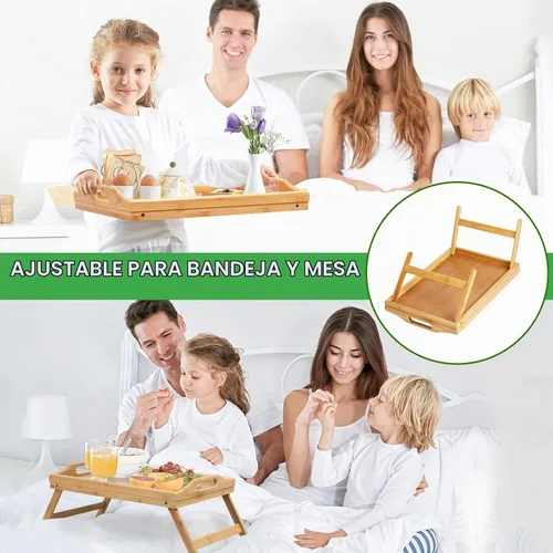 Vista 5 de Artmeer Mesa Bandeja de Cama con Patas Plegables, Bandeja de Desayuno de Bambú con Asas Ideal para Sofá, Cama, Comer, Trabajar, Usada Como Bamboo-2
