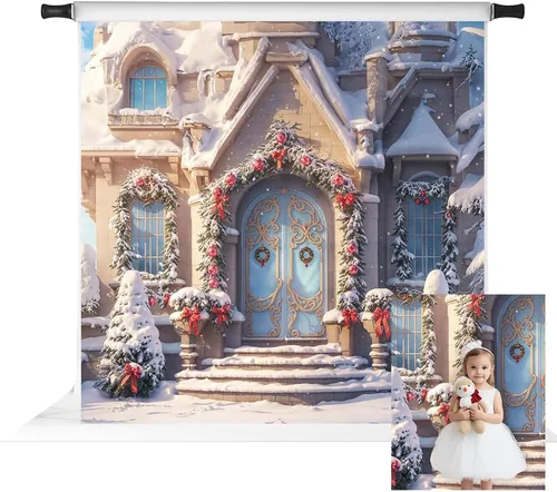 Vista 14 de Kate Telón de fondo de fotos de casa de campo de Navidad, fondo de puerta rosa, nieve blanca, árboles de Navidad, fondo de fotos, accesorios de 5