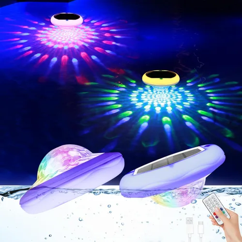 Vista 9 de Luces solares para piscina (1 unidad), 2600 mAh USB recargables luces flotantes flotantes de 6.7 pulgadas IP68 impermeable con control remoto, RGB