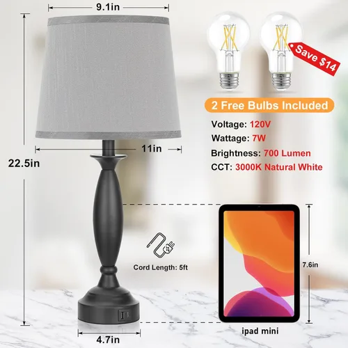 Vista 6 de Juego de 2 lámparas grises para dormitorio, lámpara de noche con control táctil con USB C+A, lámparas de mesita de noche regulables de 3 vías