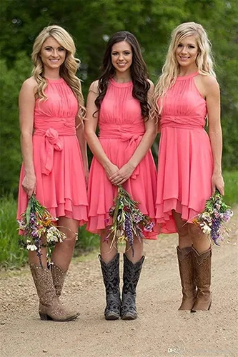 Vista 2 de Vestido de dama de honor para mujer, vestido corto plisado de gasa formal con bolsillos CM072 con bolsillos
